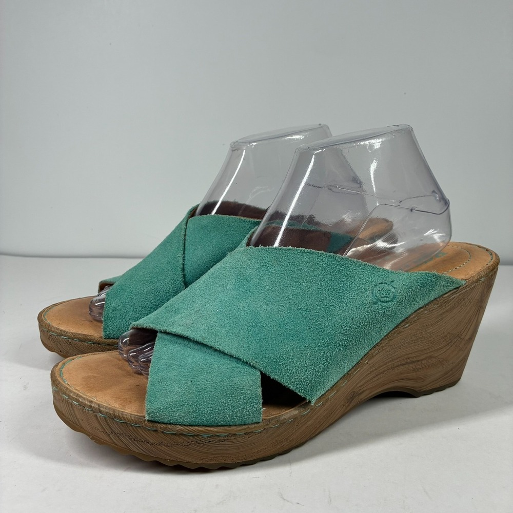 Born Nora Women's US 10M Turquoise Green Suede Cross-Strap Wedge Slide Sandal